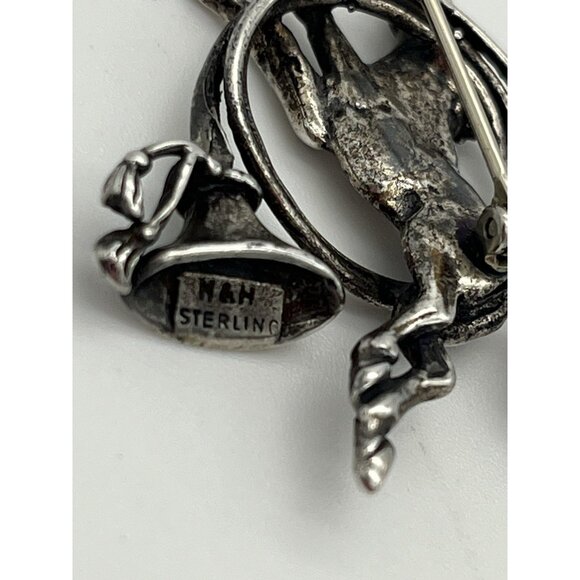 Vintage M&H Sterling Silver Brooch Pin Horse Equestrian Trumpet Horn 1 1/2" - Picture 7 of 8